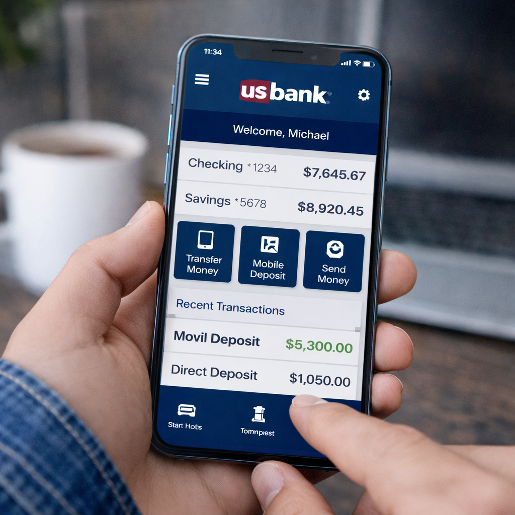 Mobile phone displaying a banking app showing checking and savings account balances and recent transactions.