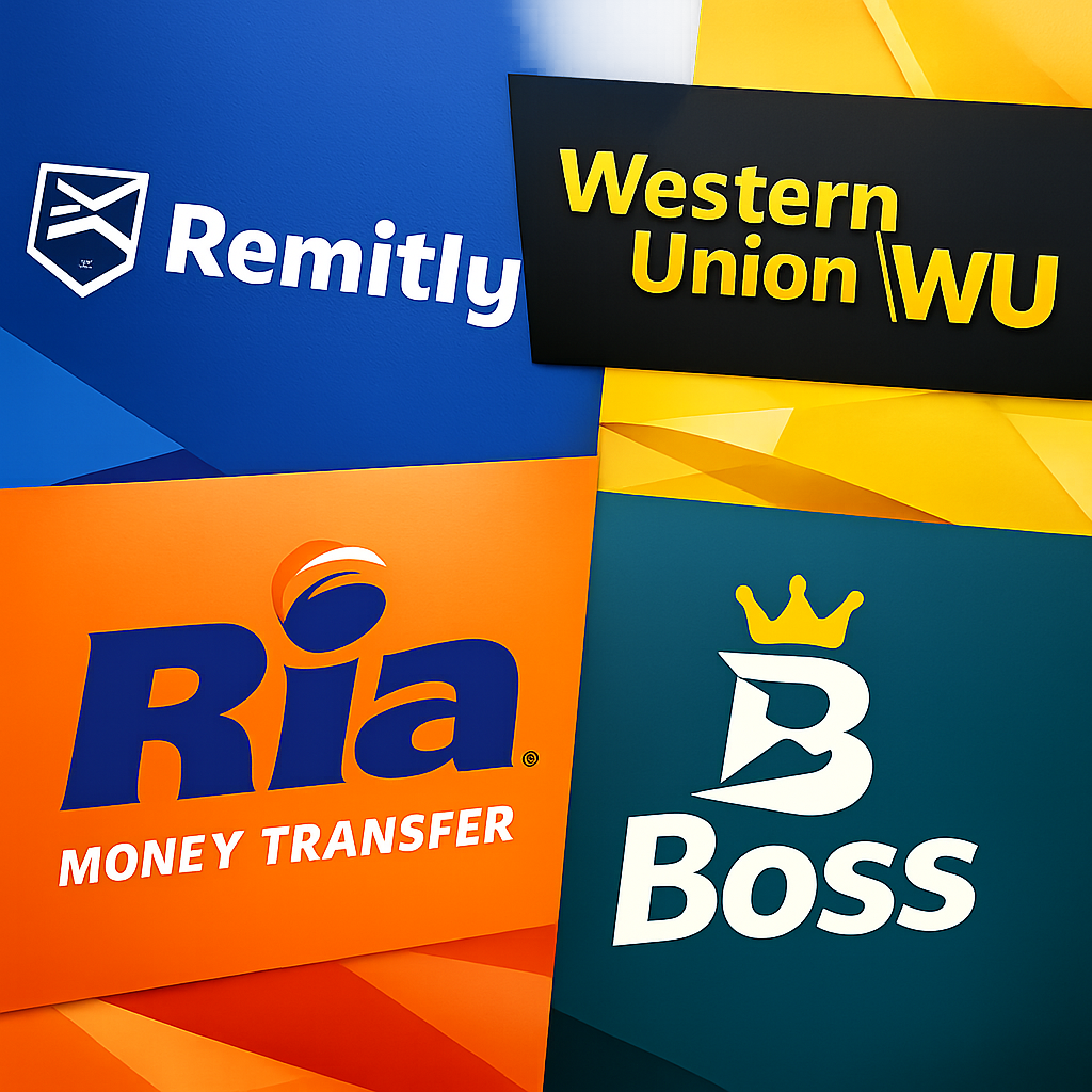 Logos of Remitly, Western Union, Ria Money Transfer, and Boss money transfer services